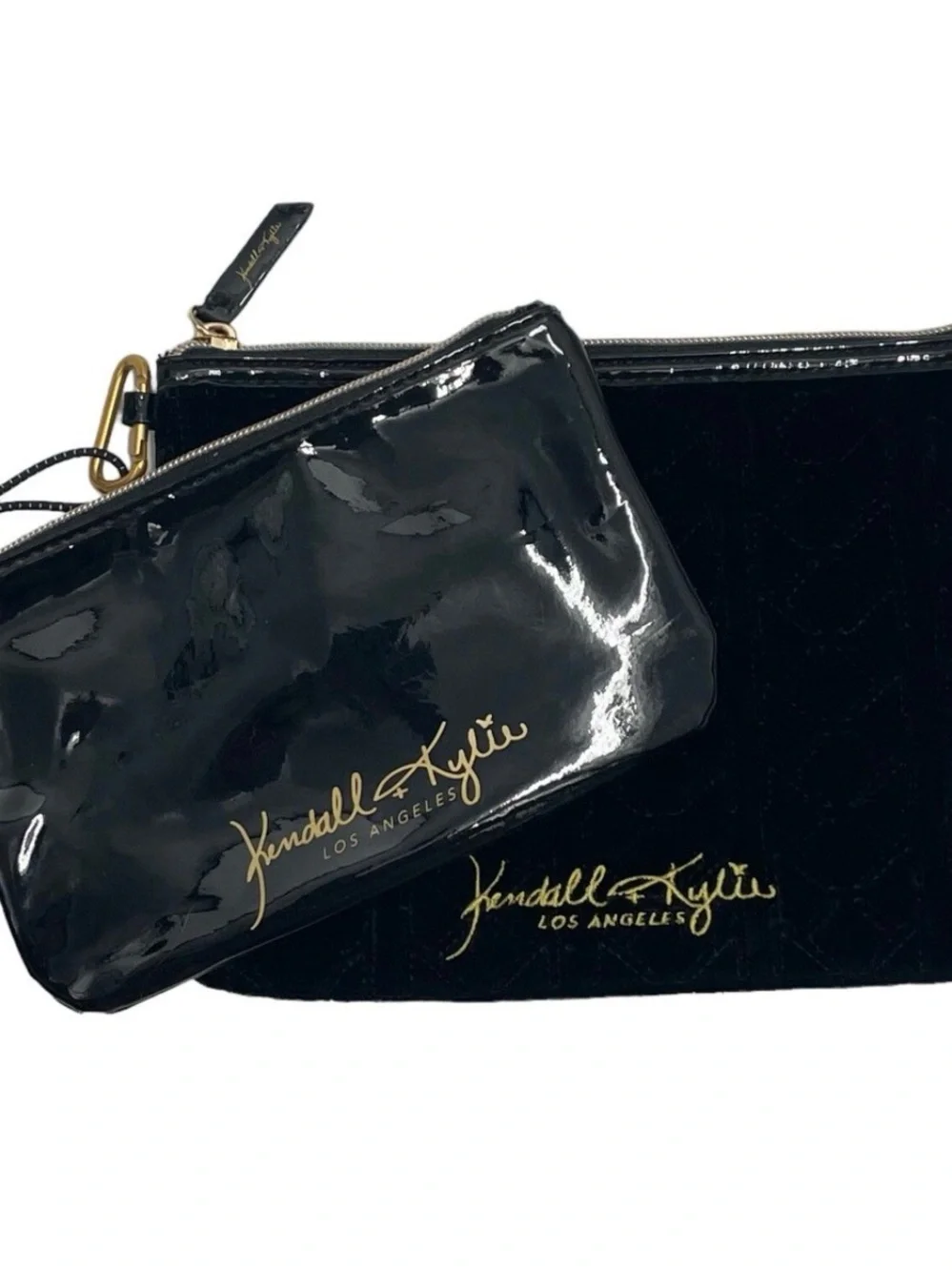 Kendall & Kylie Black Patent Cosmetic Pouch Duo with Gold Logo New